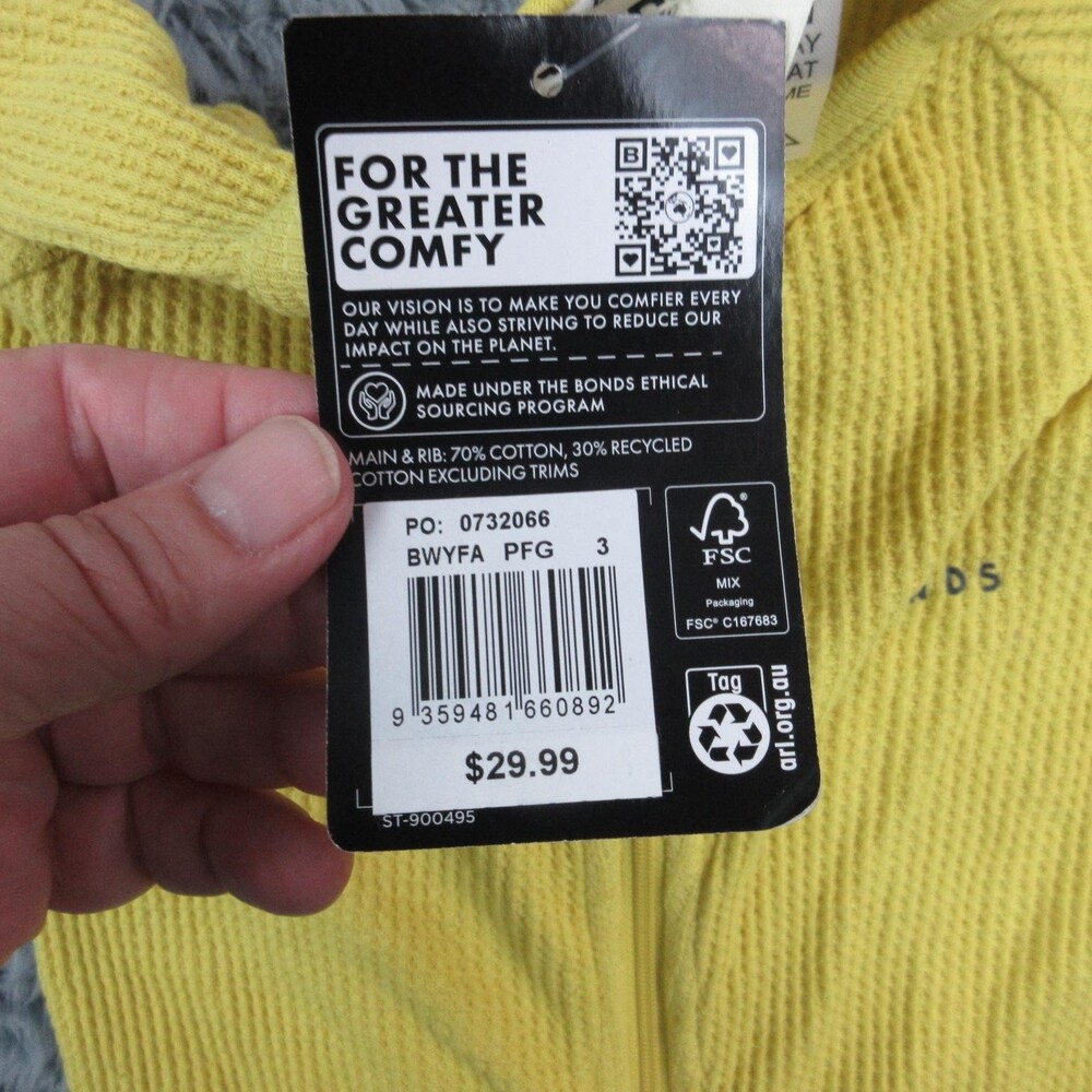 Bonds Coverall One Piece Kids 4 Yellow Eco Thermal Waffle Knit Zip Pajamas NWT - Picture 13 of 16